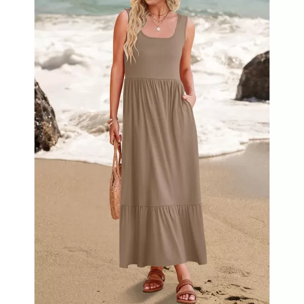 imageZESICA Womens 2024 Summer Sleeveless Dress Square Neck Pleated Tiered Swing Casual Maxi Dresses with PocketsKhaki