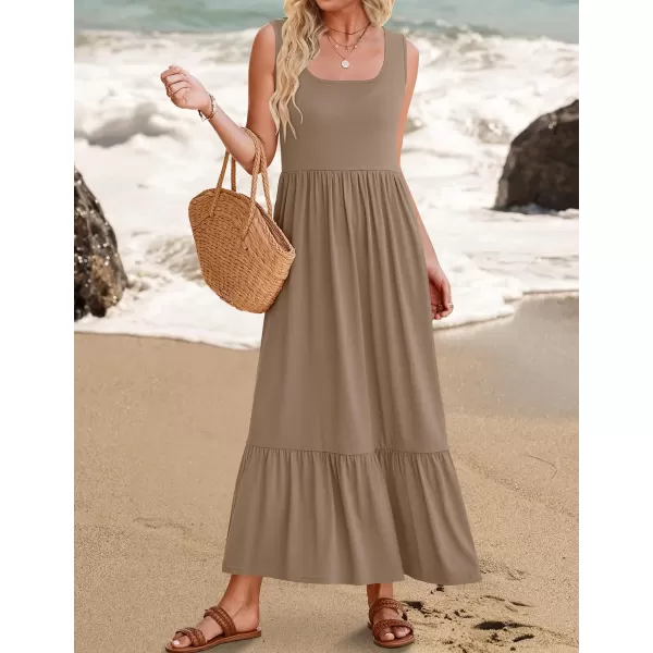 imageZESICA Womens 2024 Summer Sleeveless Dress Square Neck Pleated Tiered Swing Casual Maxi Dresses with PocketsKhaki