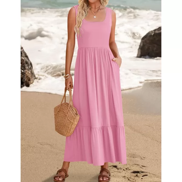 imageZESICA Womens 2024 Summer Sleeveless Dress Square Neck Pleated Tiered Swing Casual Maxi Dresses with PocketsPink