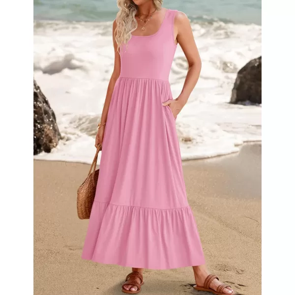 imageZESICA Womens 2024 Summer Sleeveless Dress Square Neck Pleated Tiered Swing Casual Maxi Dresses with PocketsPink