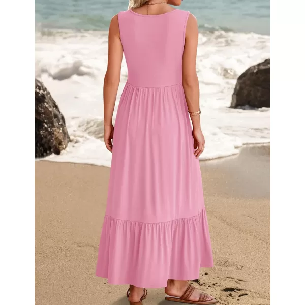imageZESICA Womens 2024 Summer Sleeveless Dress Square Neck Pleated Tiered Swing Casual Maxi Dresses with PocketsPink