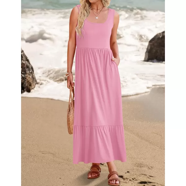 imageZESICA Womens 2024 Summer Sleeveless Dress Square Neck Pleated Tiered Swing Casual Maxi Dresses with PocketsPink