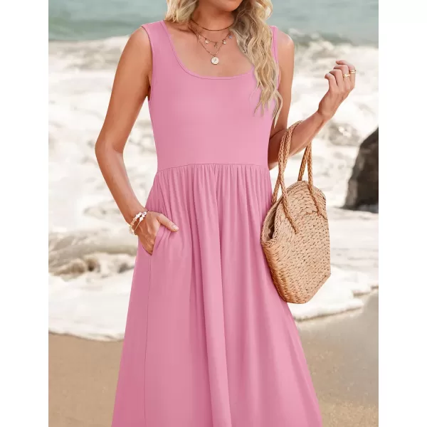 imageZESICA Womens 2024 Summer Sleeveless Dress Square Neck Pleated Tiered Swing Casual Maxi Dresses with PocketsPink