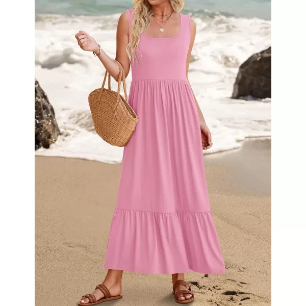 imageZESICA Womens 2024 Summer Sleeveless Dress Square Neck Pleated Tiered Swing Casual Maxi Dresses with PocketsPink