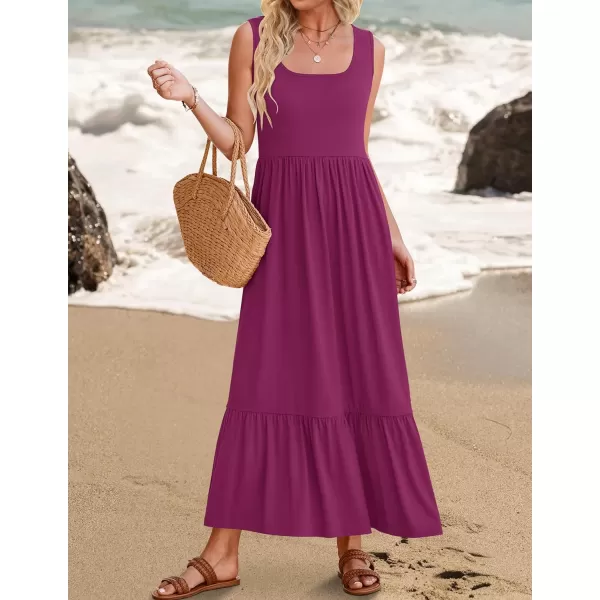 imageZESICA Womens 2024 Summer Sleeveless Dress Square Neck Pleated Tiered Swing Casual Maxi Dresses with PocketsPlum