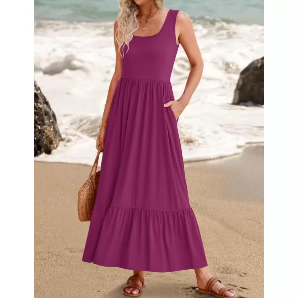 imageZESICA Womens 2024 Summer Sleeveless Dress Square Neck Pleated Tiered Swing Casual Maxi Dresses with PocketsPlum