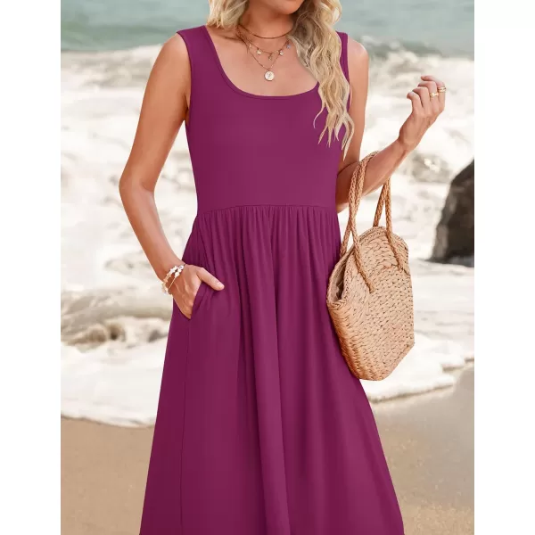 imageZESICA Womens 2024 Summer Sleeveless Dress Square Neck Pleated Tiered Swing Casual Maxi Dresses with PocketsPlum