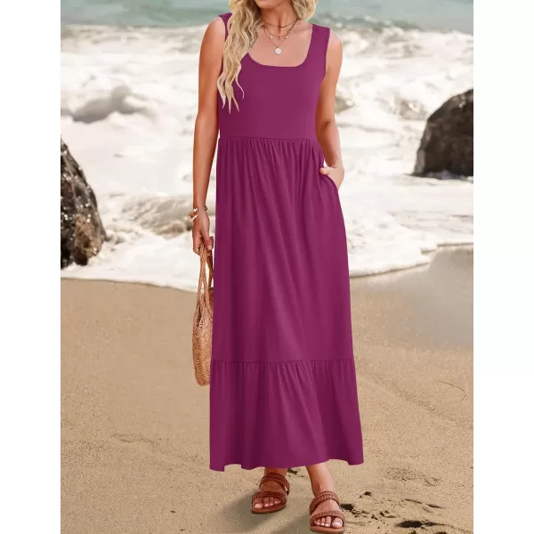 imageZESICA Womens 2024 Summer Sleeveless Dress Square Neck Pleated Tiered Swing Casual Maxi Dresses with PocketsPlum