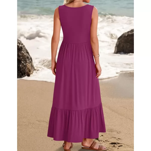 imageZESICA Womens 2024 Summer Sleeveless Dress Square Neck Pleated Tiered Swing Casual Maxi Dresses with PocketsPlum