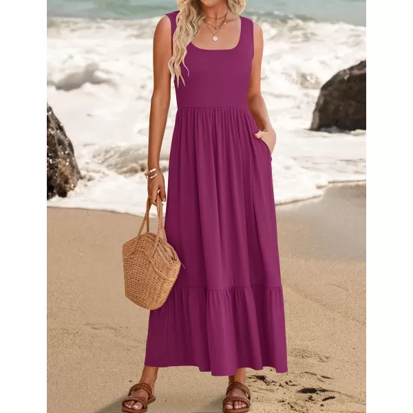 imageZESICA Womens 2024 Summer Sleeveless Dress Square Neck Pleated Tiered Swing Casual Maxi Dresses with PocketsPlum