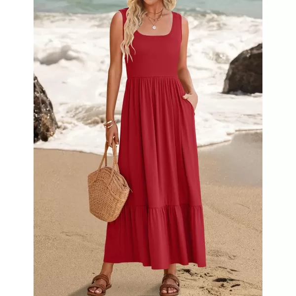imageZESICA Womens 2024 Summer Sleeveless Dress Square Neck Pleated Tiered Swing Casual Maxi Dresses with PocketsRed