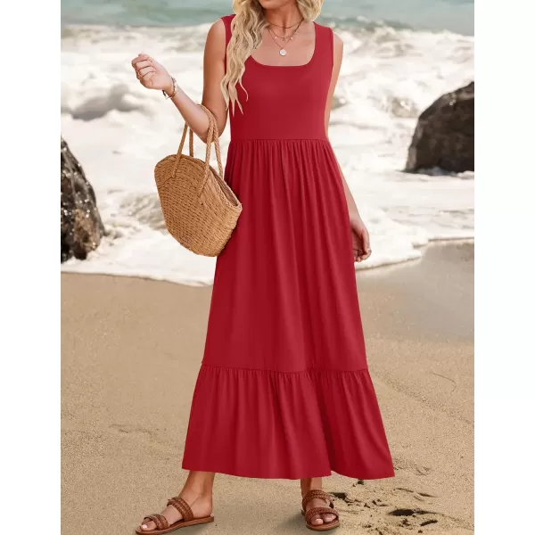 imageZESICA Womens 2024 Summer Sleeveless Dress Square Neck Pleated Tiered Swing Casual Maxi Dresses with PocketsRed