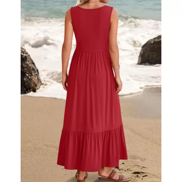imageZESICA Womens 2024 Summer Sleeveless Dress Square Neck Pleated Tiered Swing Casual Maxi Dresses with PocketsRed