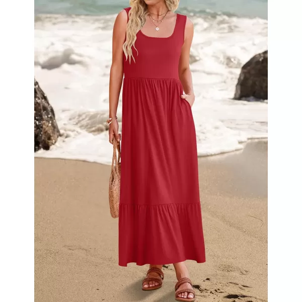 imageZESICA Womens 2024 Summer Sleeveless Dress Square Neck Pleated Tiered Swing Casual Maxi Dresses with PocketsRed