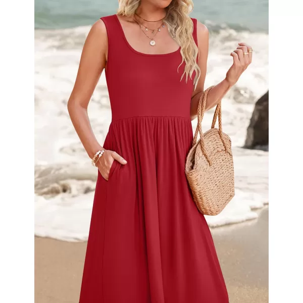 imageZESICA Womens 2024 Summer Sleeveless Dress Square Neck Pleated Tiered Swing Casual Maxi Dresses with PocketsRed