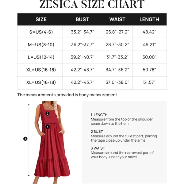 imageZESICA Womens 2024 Summer Sleeveless Dress Square Neck Pleated Tiered Swing Casual Maxi Dresses with PocketsRed