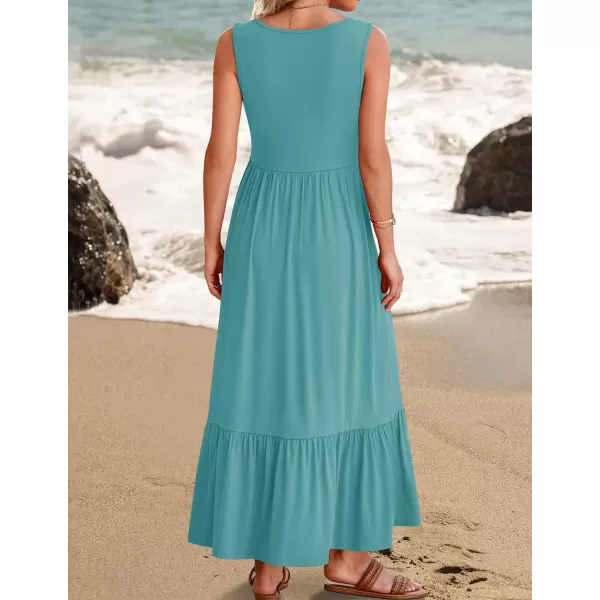 imageZESICA Womens 2024 Summer Sleeveless Dress Square Neck Pleated Tiered Swing Casual Maxi Dresses with PocketsSage