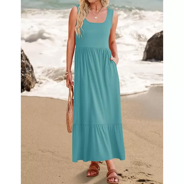 imageZESICA Womens 2024 Summer Sleeveless Dress Square Neck Pleated Tiered Swing Casual Maxi Dresses with PocketsSage