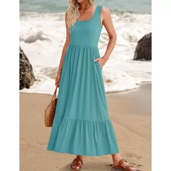 imageZESICA Womens 2024 Summer Sleeveless Dress Square Neck Pleated Tiered Swing Casual Maxi Dresses with PocketsSage