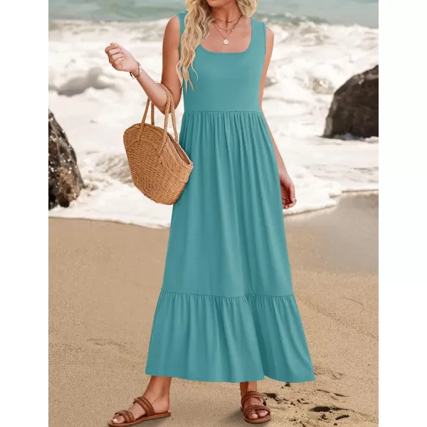 imageZESICA Womens 2024 Summer Sleeveless Dress Square Neck Pleated Tiered Swing Casual Maxi Dresses with PocketsSage