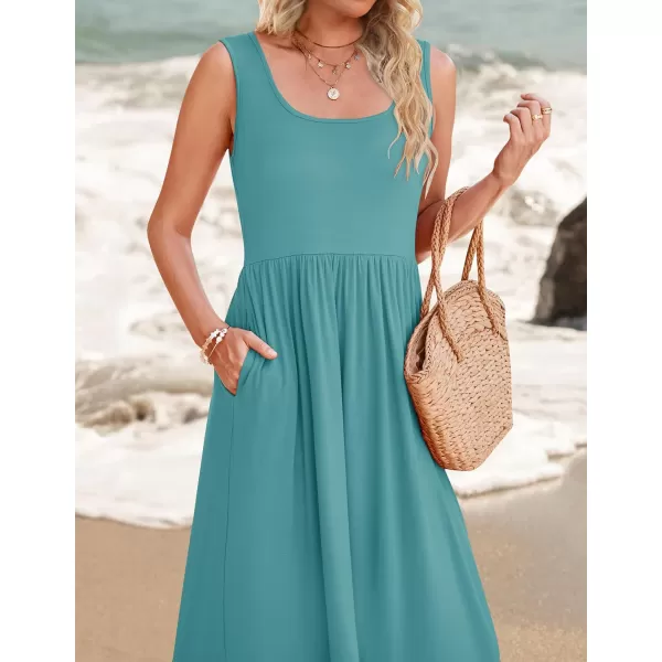 imageZESICA Womens 2024 Summer Sleeveless Dress Square Neck Pleated Tiered Swing Casual Maxi Dresses with PocketsSage