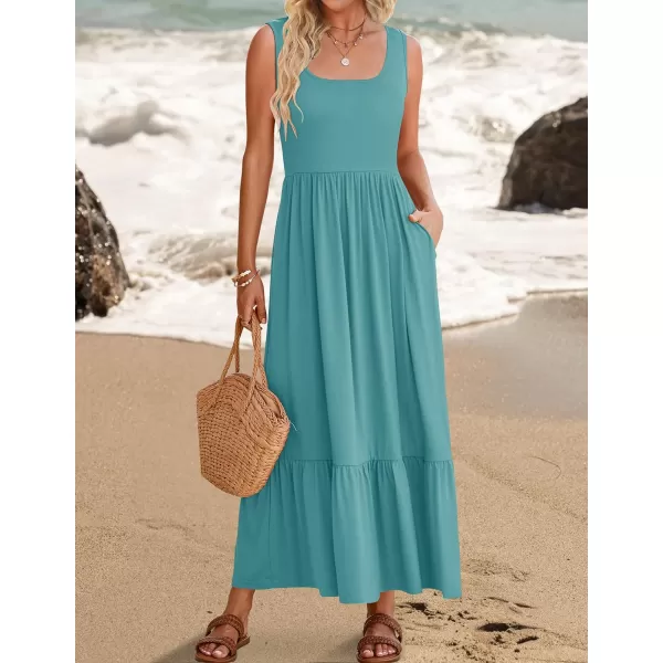 imageZESICA Womens 2024 Summer Sleeveless Dress Square Neck Pleated Tiered Swing Casual Maxi Dresses with PocketsSage