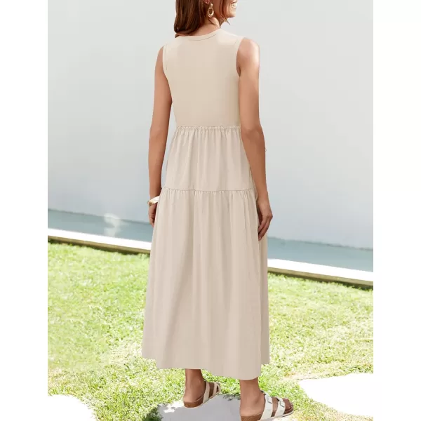 imageZESICA Womens 2024 Summer Sleeveless Midi Dress Casual Crewneck Drawstring High Waist Flowy Tiered Long DressesApricot