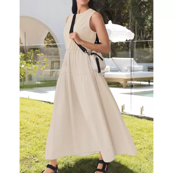 imageZESICA Womens 2024 Summer Sleeveless Midi Dress Casual Crewneck Drawstring High Waist Flowy Tiered Long DressesApricot
