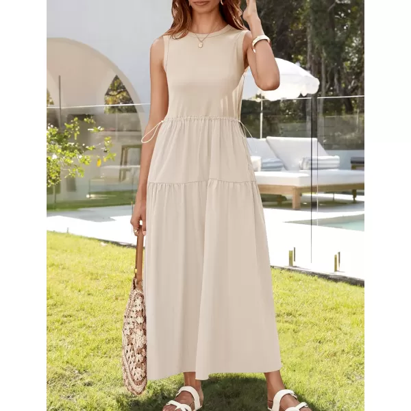 imageZESICA Womens 2024 Summer Sleeveless Midi Dress Casual Crewneck Drawstring High Waist Flowy Tiered Long DressesApricot