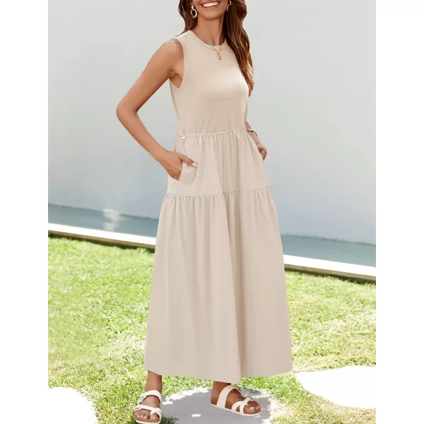 imageZESICA Womens 2024 Summer Sleeveless Midi Dress Casual Crewneck Drawstring High Waist Flowy Tiered Long DressesApricot