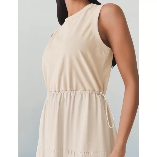 imageZESICA Womens 2024 Summer Sleeveless Midi Dress Casual Crewneck Drawstring High Waist Flowy Tiered Long DressesApricot
