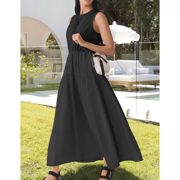 imageZESICA Womens 2024 Summer Sleeveless Midi Dress Casual Crewneck Drawstring High Waist Flowy Tiered Long DressesBlack