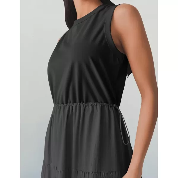 imageZESICA Womens 2024 Summer Sleeveless Midi Dress Casual Crewneck Drawstring High Waist Flowy Tiered Long DressesBlack
