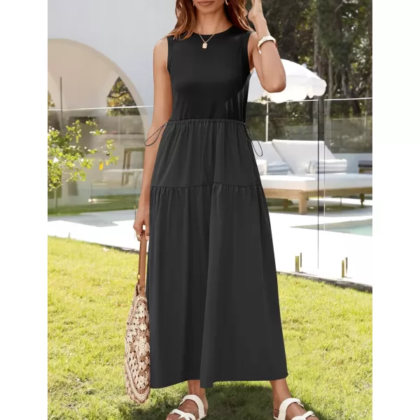 imageZESICA Womens 2024 Summer Sleeveless Midi Dress Casual Crewneck Drawstring High Waist Flowy Tiered Long DressesBlack