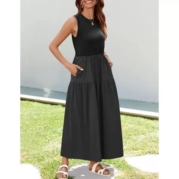 imageZESICA Womens 2024 Summer Sleeveless Midi Dress Casual Crewneck Drawstring High Waist Flowy Tiered Long DressesBlack