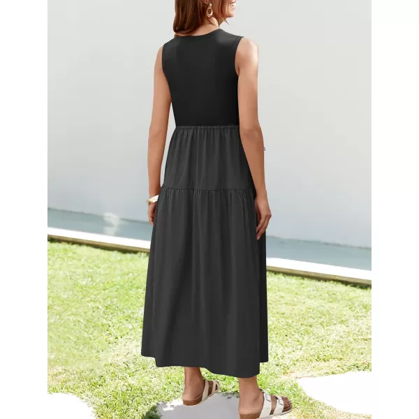 imageZESICA Womens 2024 Summer Sleeveless Midi Dress Casual Crewneck Drawstring High Waist Flowy Tiered Long DressesBlack