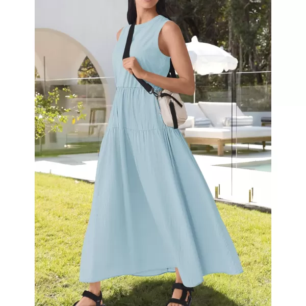 imageZESICA Womens 2024 Summer Sleeveless Midi Dress Casual Crewneck Drawstring High Waist Flowy Tiered Long DressesBlue