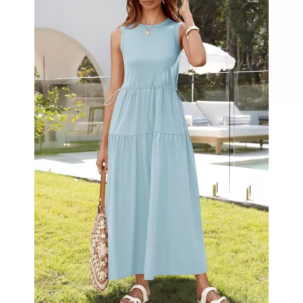 imageZESICA Womens 2024 Summer Sleeveless Midi Dress Casual Crewneck Drawstring High Waist Flowy Tiered Long DressesBlue