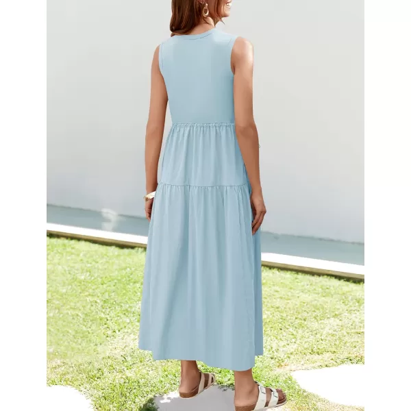 imageZESICA Womens 2024 Summer Sleeveless Midi Dress Casual Crewneck Drawstring High Waist Flowy Tiered Long DressesBlue