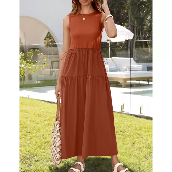 imageZESICA Womens 2024 Summer Sleeveless Midi Dress Casual Crewneck Drawstring High Waist Flowy Tiered Long DressesBrick Red