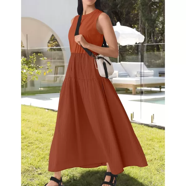imageZESICA Womens 2024 Summer Sleeveless Midi Dress Casual Crewneck Drawstring High Waist Flowy Tiered Long DressesBrick Red