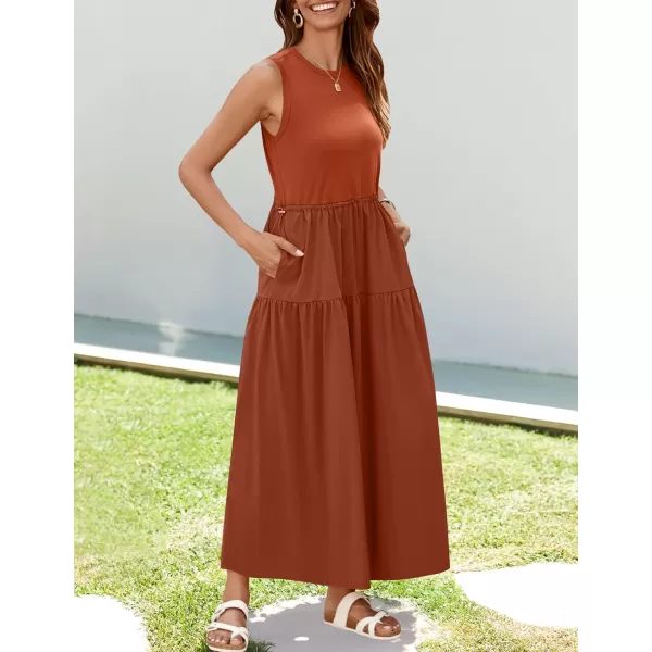 imageZESICA Womens 2024 Summer Sleeveless Midi Dress Casual Crewneck Drawstring High Waist Flowy Tiered Long DressesBrick Red