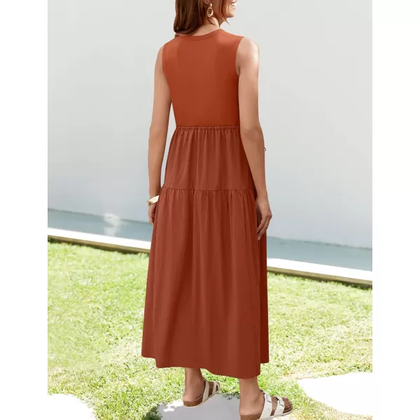 imageZESICA Womens 2024 Summer Sleeveless Midi Dress Casual Crewneck Drawstring High Waist Flowy Tiered Long DressesBrick Red
