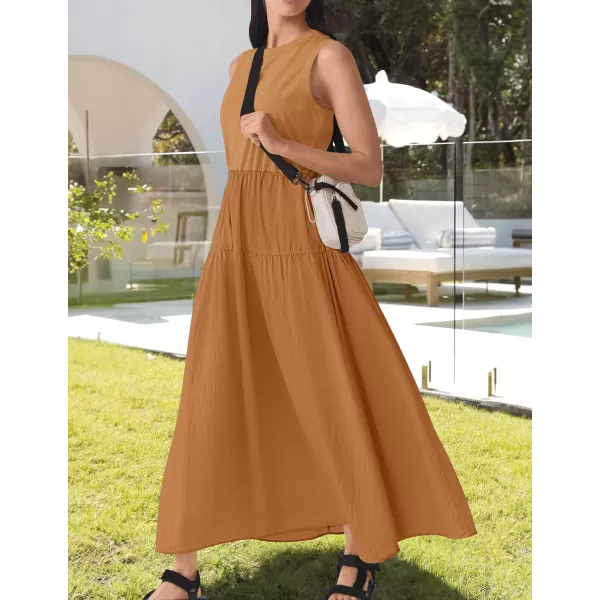 imageZESICA Womens 2024 Summer Sleeveless Midi Dress Casual Crewneck Drawstring High Waist Flowy Tiered Long DressesClay Brown