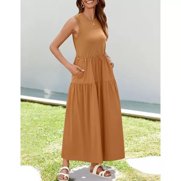 imageZESICA Womens 2024 Summer Sleeveless Midi Dress Casual Crewneck Drawstring High Waist Flowy Tiered Long DressesClay Brown