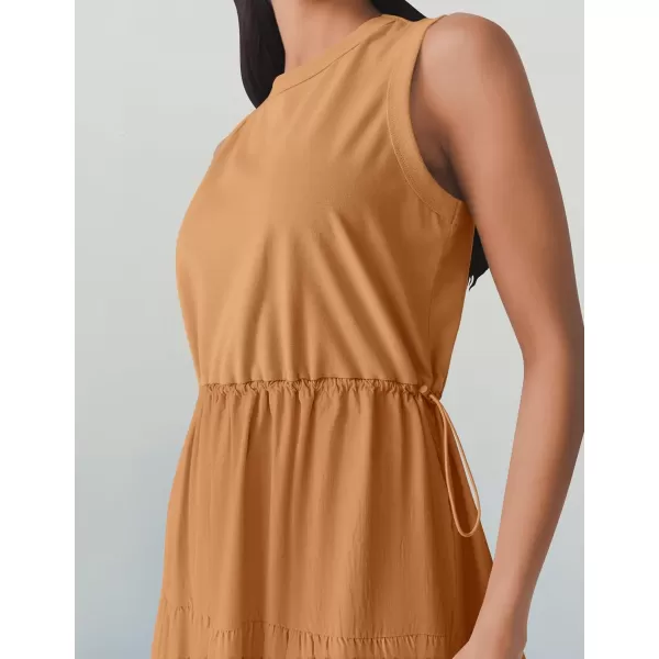 imageZESICA Womens 2024 Summer Sleeveless Midi Dress Casual Crewneck Drawstring High Waist Flowy Tiered Long DressesClay Brown