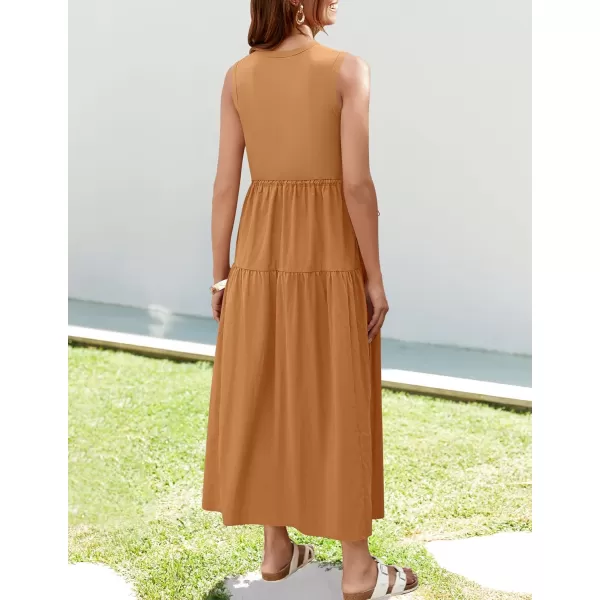imageZESICA Womens 2024 Summer Sleeveless Midi Dress Casual Crewneck Drawstring High Waist Flowy Tiered Long DressesClay Brown