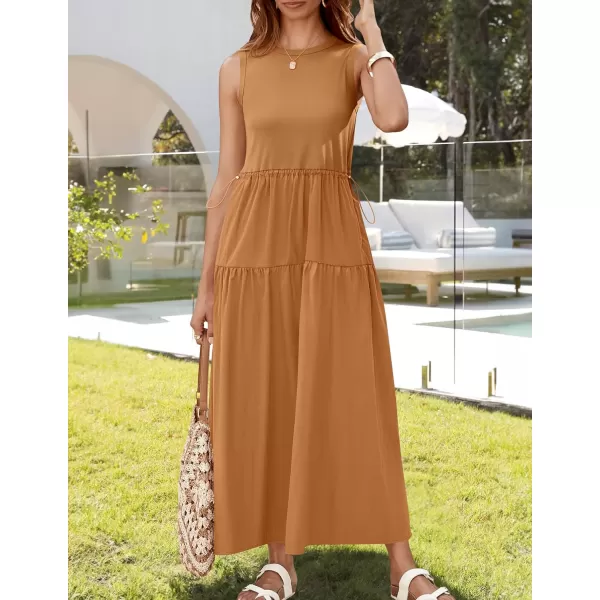 imageZESICA Womens 2024 Summer Sleeveless Midi Dress Casual Crewneck Drawstring High Waist Flowy Tiered Long DressesClay Brown