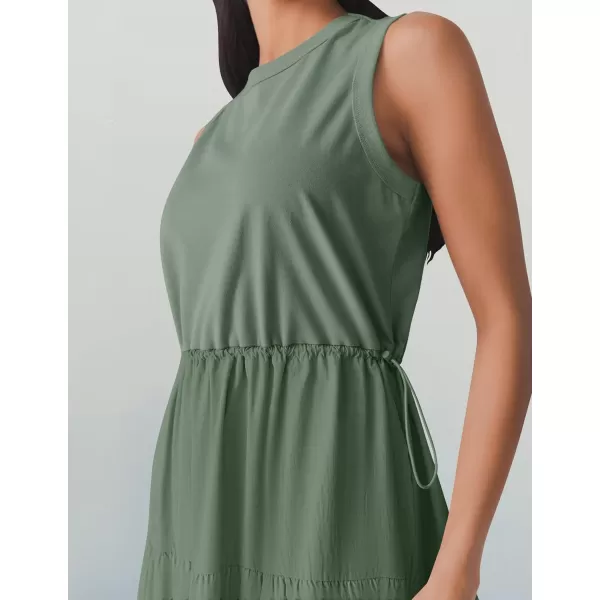 imageZESICA Womens 2024 Summer Sleeveless Midi Dress Casual Crewneck Drawstring High Waist Flowy Tiered Long DressesDark Green