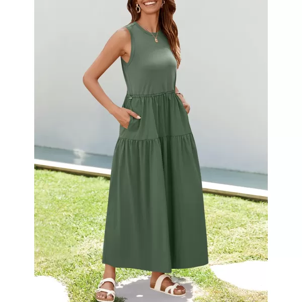 imageZESICA Womens 2024 Summer Sleeveless Midi Dress Casual Crewneck Drawstring High Waist Flowy Tiered Long DressesDark Green